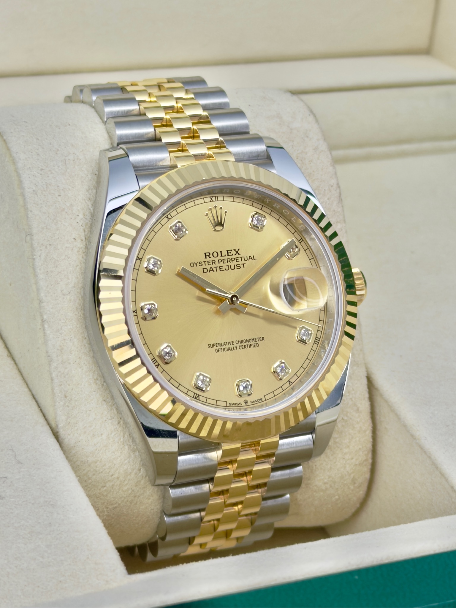 Side Face 2 Pre-Owned Rolex Datejust 126333 Champagne Diamond Box and Papers