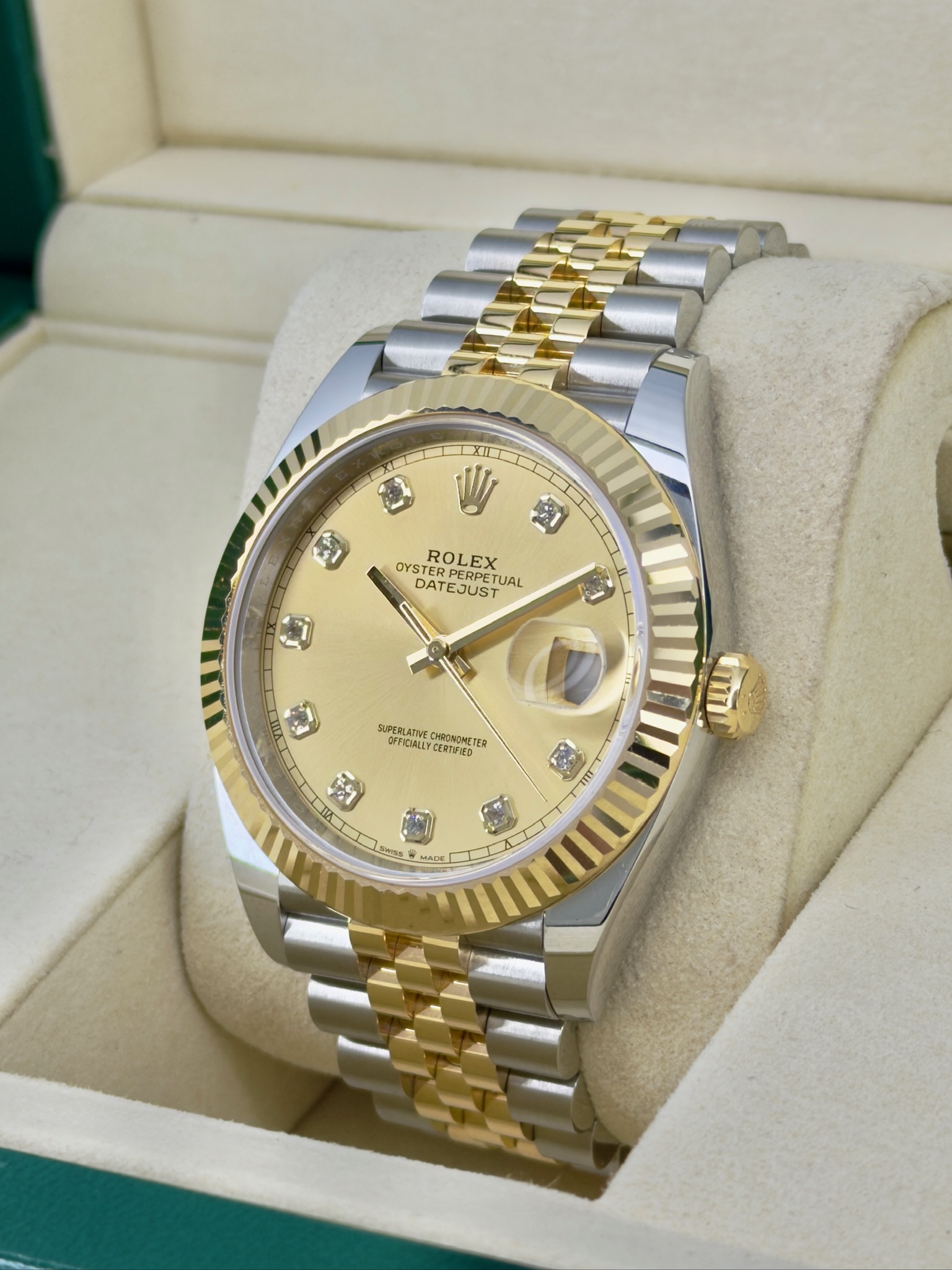 Side Face Pre-Owned Rolex Datejust 126333 Champagne Diamond Box and Papers