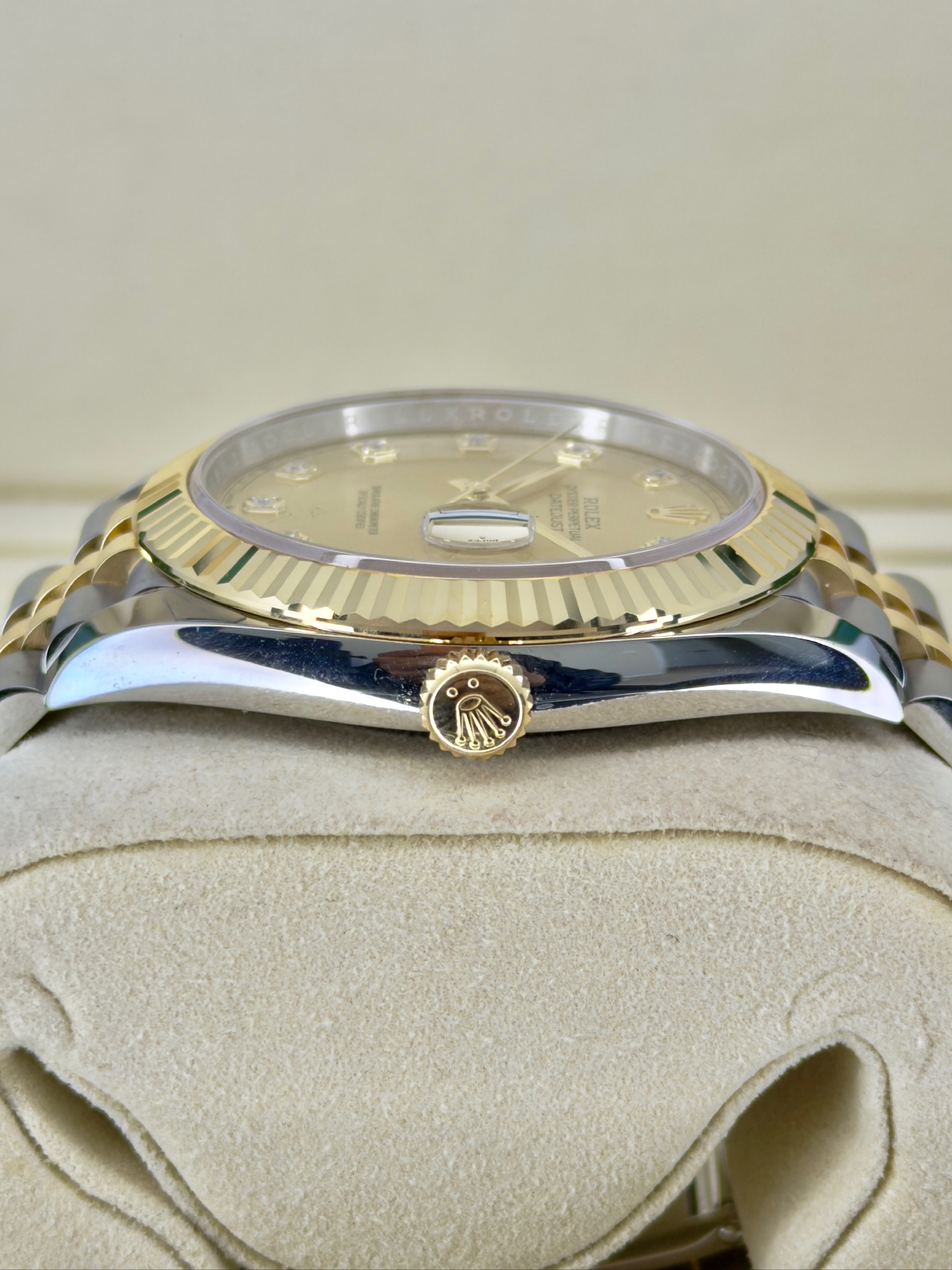Side Shot Pre-Owned Rolex Datejust 126333 Champagne Diamond Box and Papers